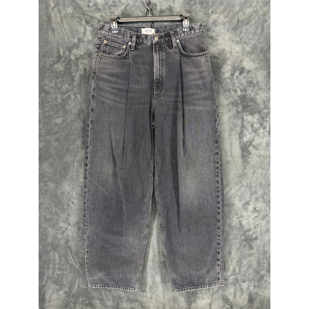 AGOLDE Pleated High Rise Wide Leg Jeans Faded Black Denim Womens Size 27